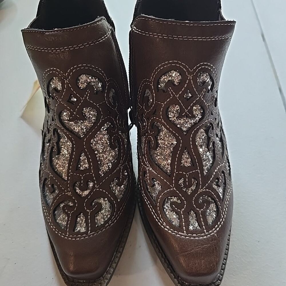 Ariat Lil Stompers Girls Dixon Amy Silver Glitter Inlay Tan Booties‎ Size 6 NWT - Picture 2 of 5